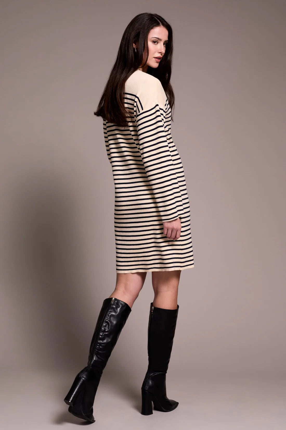 Long Sleeve V-Neck Sweater Dress with Button Shoulder by Tribal