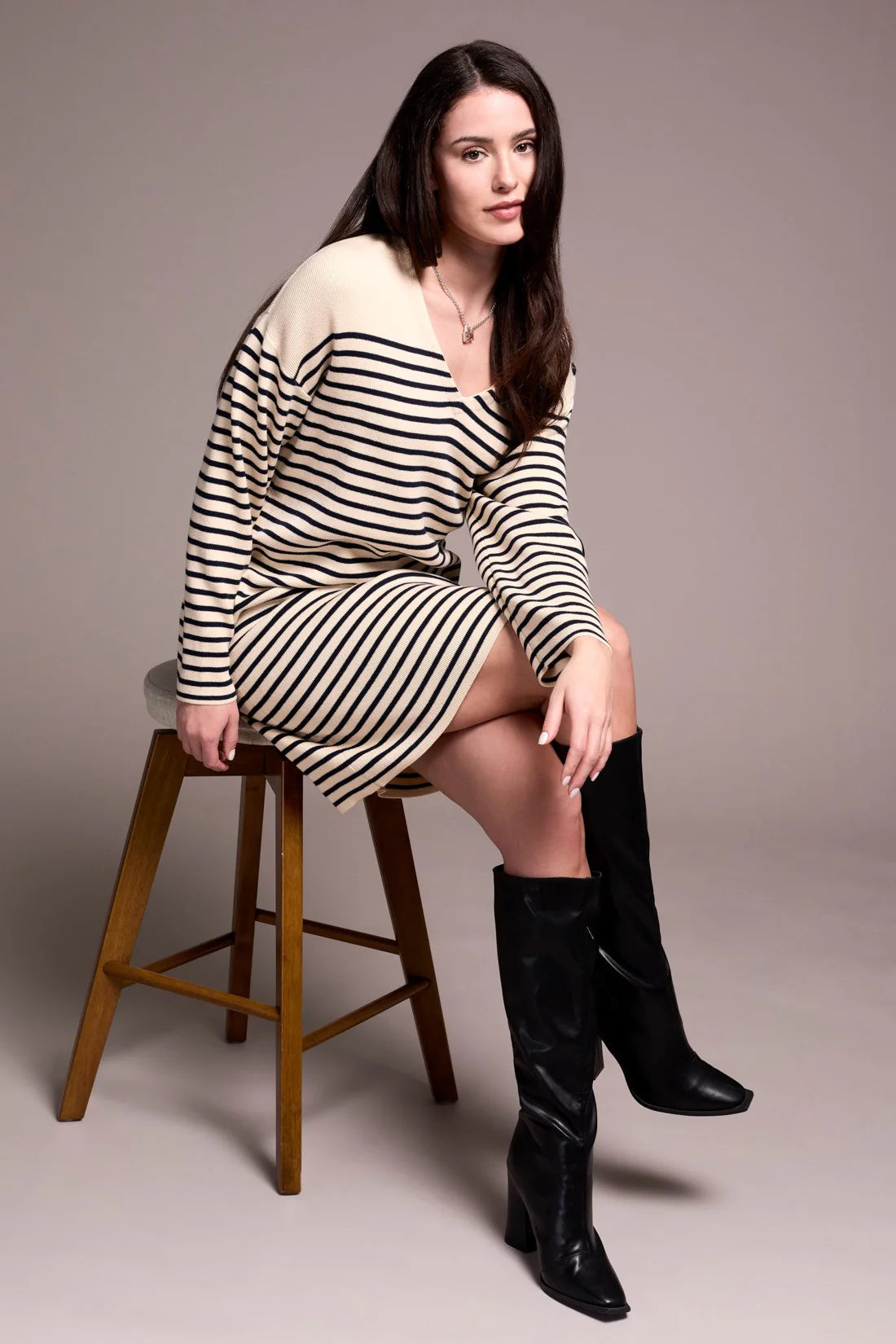 Long Sleeve V-Neck Sweater Dress with Button Shoulder by Tribal