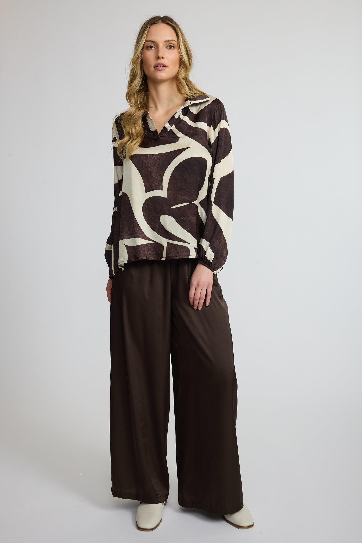 Satin Collared Blouse in Chocolate Abstract Print by Pistache