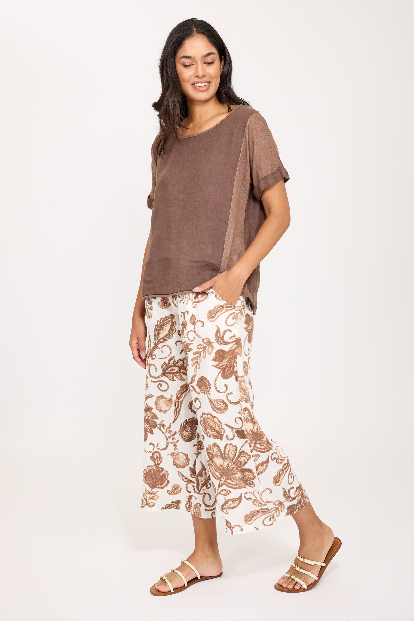 Short Sleeve Crewneck Linen and Knitted Viscose Top by Pistache