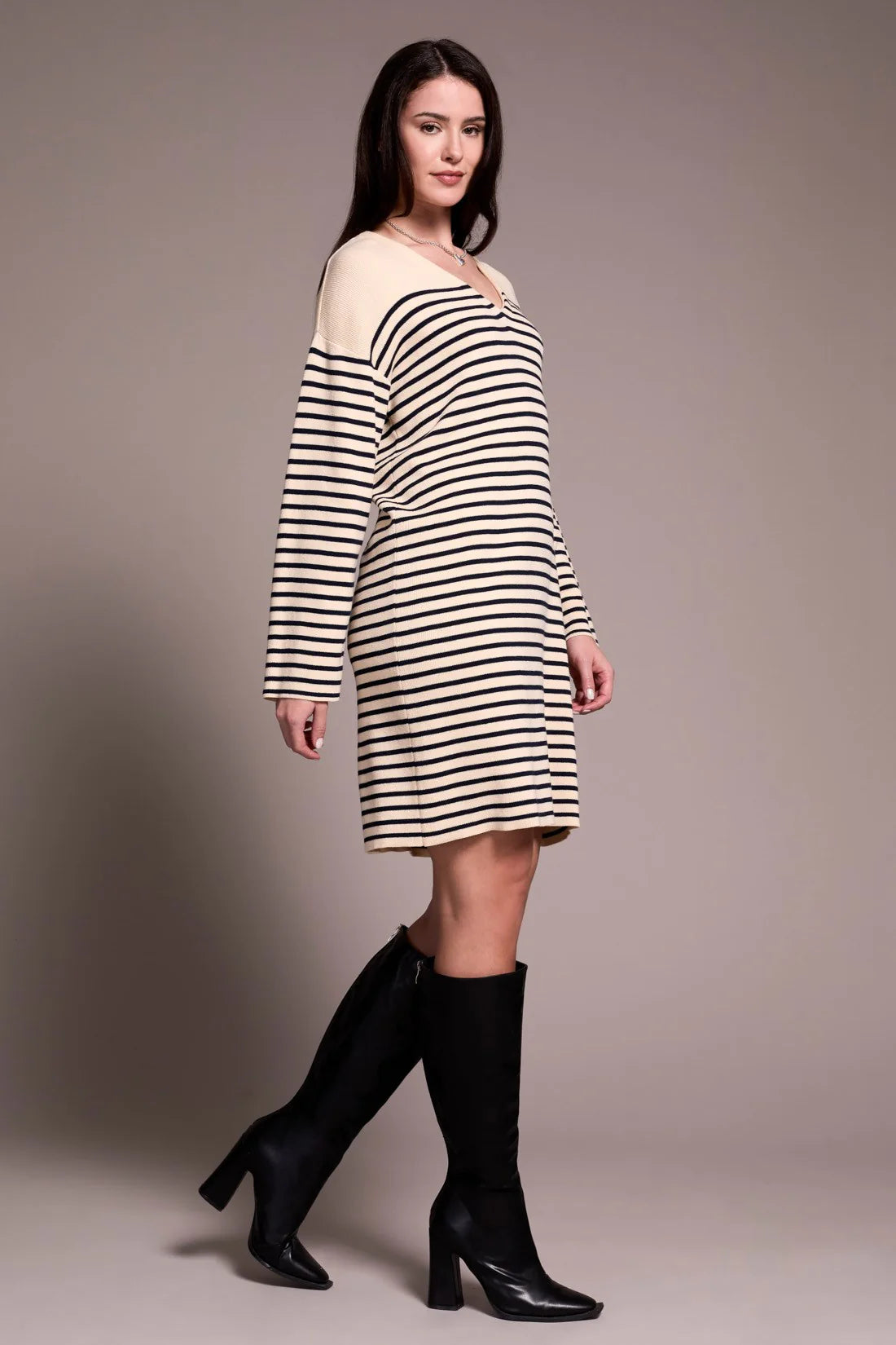 Long Sleeve V-Neck Sweater Dress with Button Shoulder by Tribal
