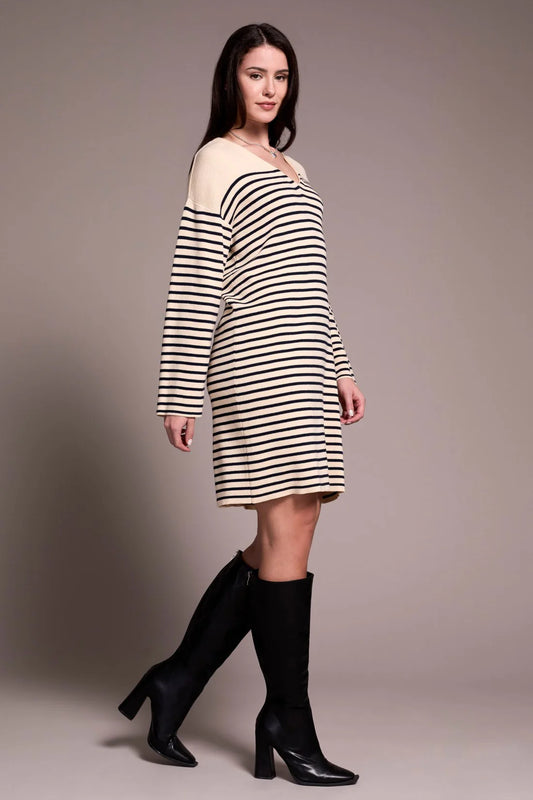 Long Sleeve V-Neck Sweater Dress with Button Shoulder by Tribal