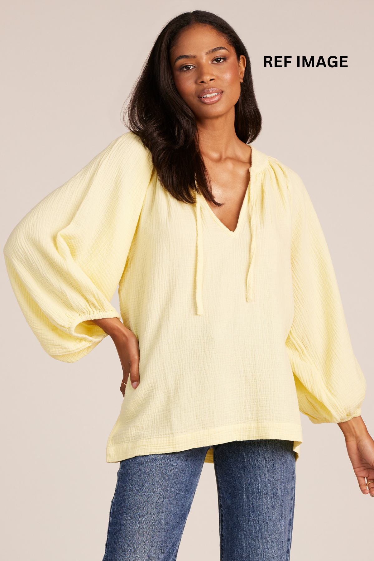 Balloon Sleeve Split Neck Blouse by Bobi Los Angeles