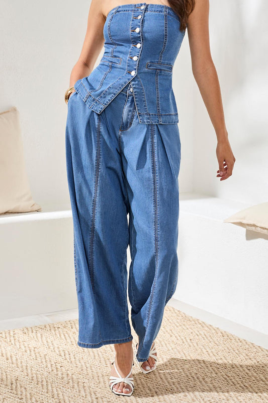 Brooke Pleated Wide Flowy Denim Pants by Tribal