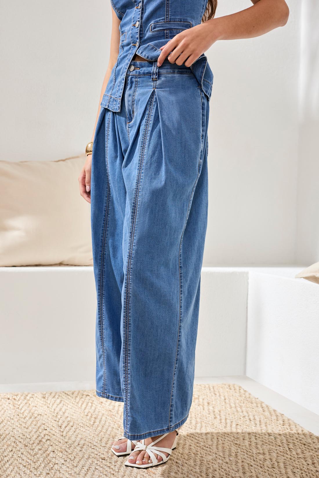 Brooke Pleated Wide Flowy Denim Pants by Tribal