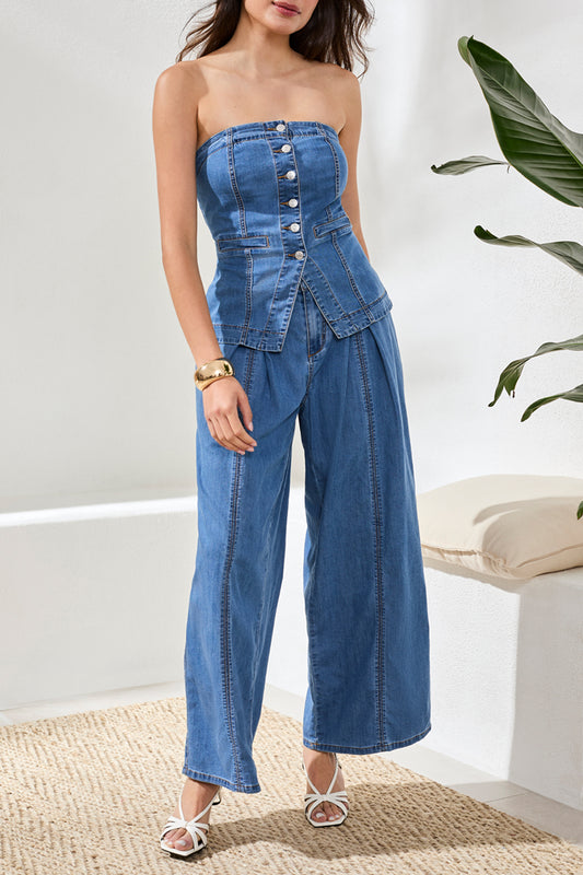 Button Down Denim Bustier Top by Tribal