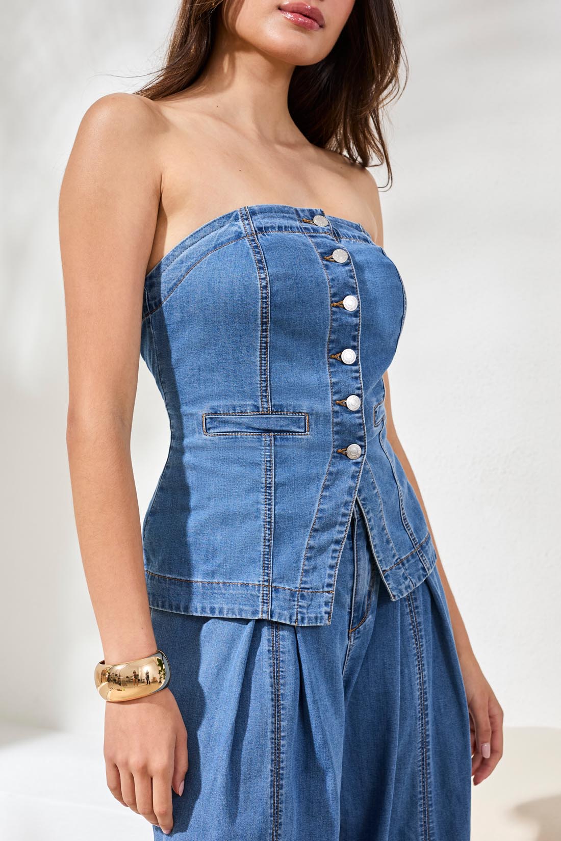 Button Down Denim Bustier Top by Tribal