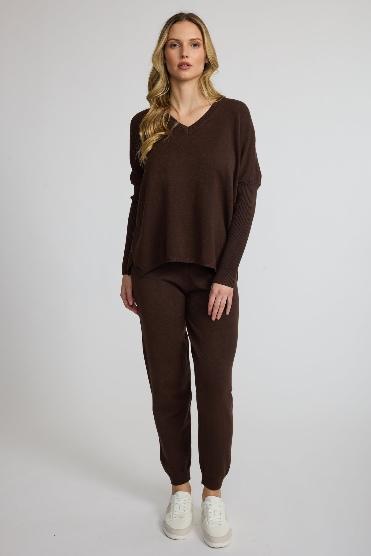 Ribbed Sleeve V-Neck Fine Knit Sweater by Pistache
