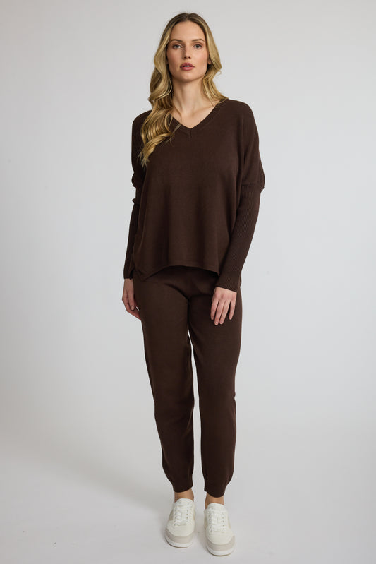 Ribbed Sleeve V-Neck Fine Knit Sweater by Pistache
