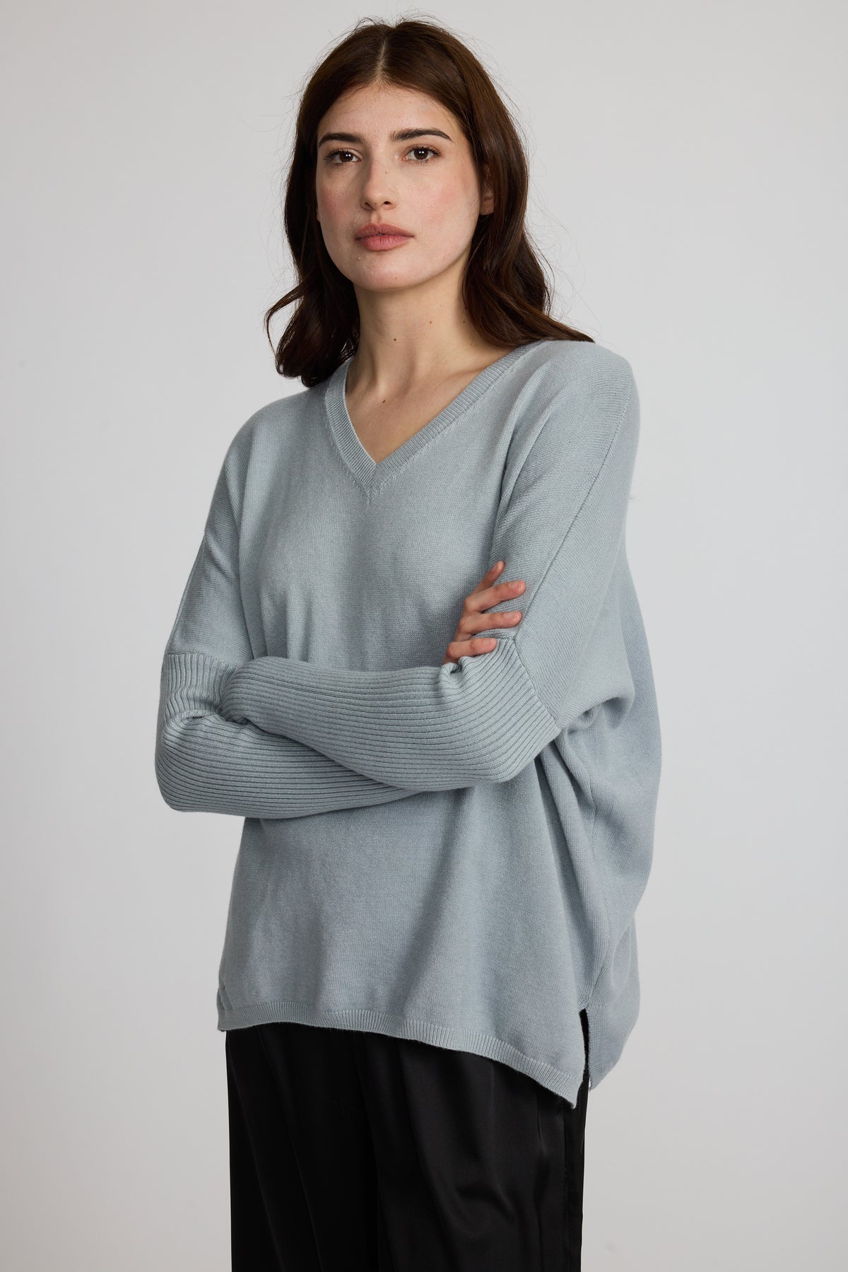 Ribbed Sleeve V-Neck Fine Knit Sweater by Pistache