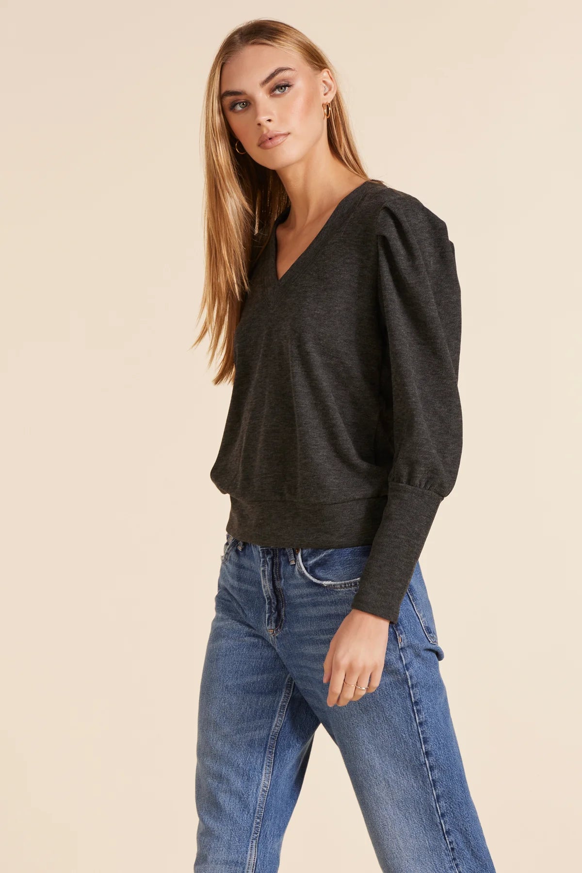 Puff Sleeve V-Neck Sweatshirt by Bobi Los Angeles