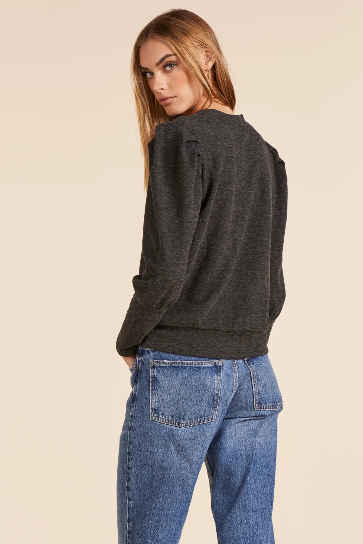 Puff Sleeve V-Neck Sweatshirt by Bobi Los Angeles