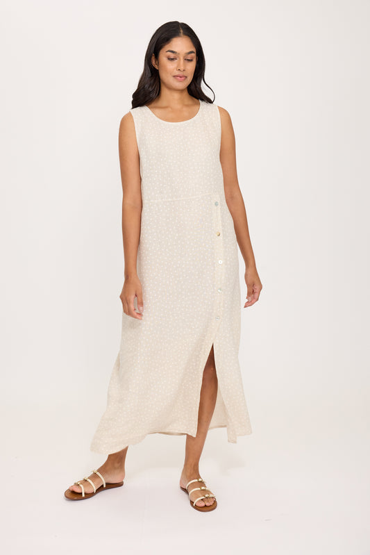 Sleeveless Side Button Linen Dress In Polka Dots by Pistache