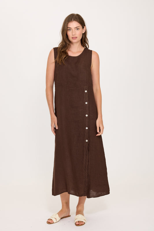 Sleeveless Side Button Linen Dress by Pistache
