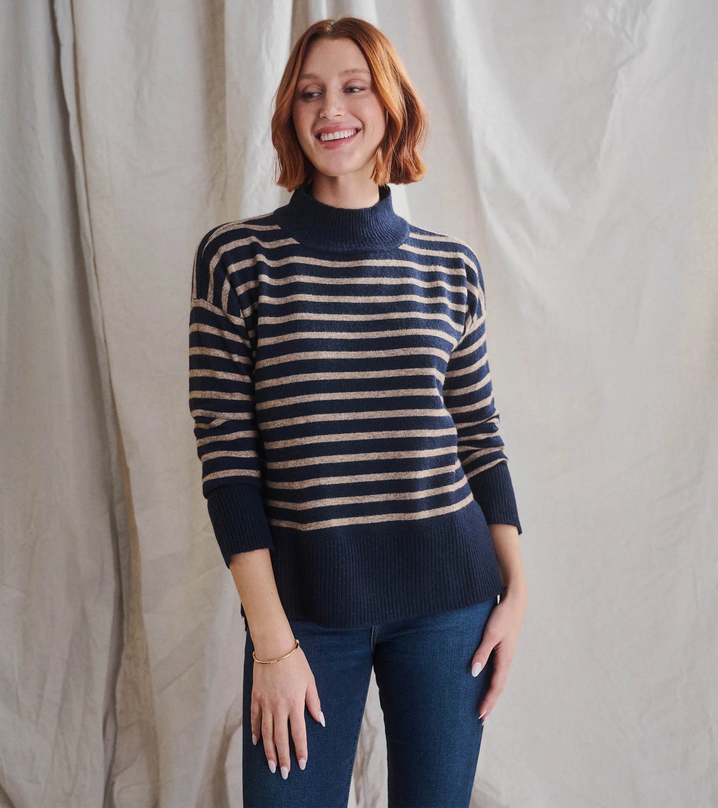 Mock Neck Tunic - Navy Taupe Stripes by Hatley