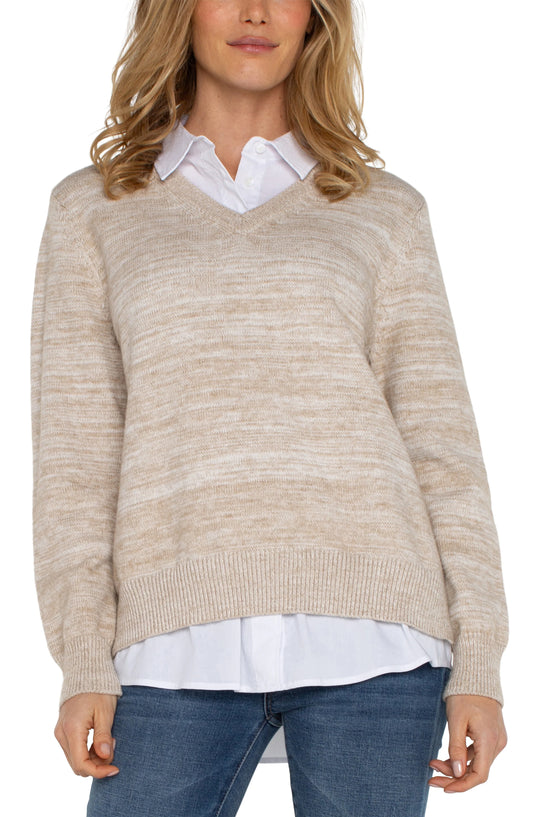 Twofer Collared Sweater in Oatmeal Meange by Liverpool