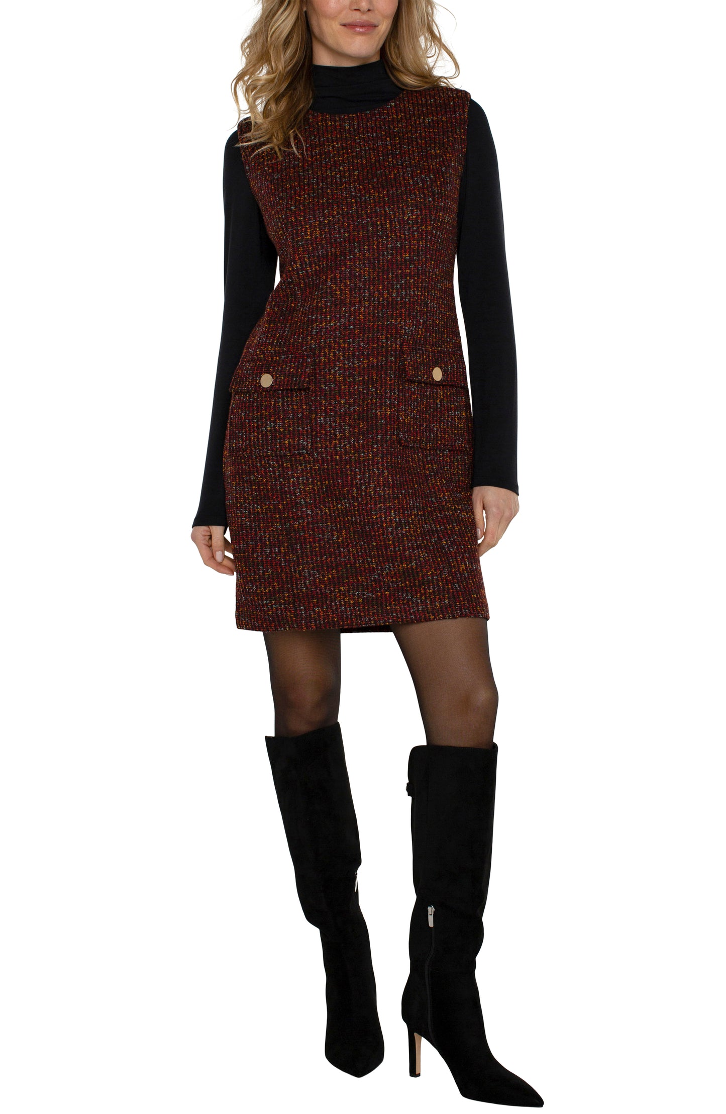 Sleeveless Shift Dress in Bordeaux Multi Boucle by Liverpool