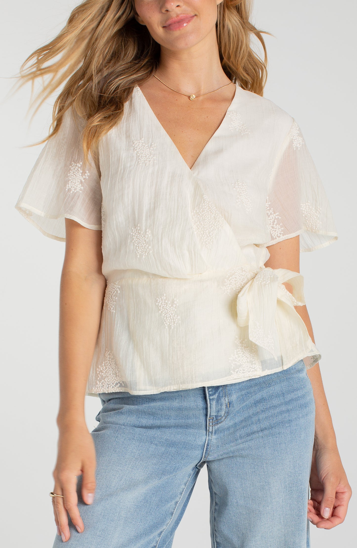 Short Sleeve Wrap Front Woven Top with Tie by Liverpool
