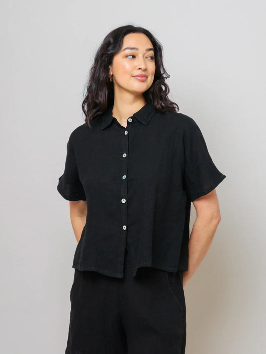 Short Sleeve Linen Blouse in Black by Pistache
