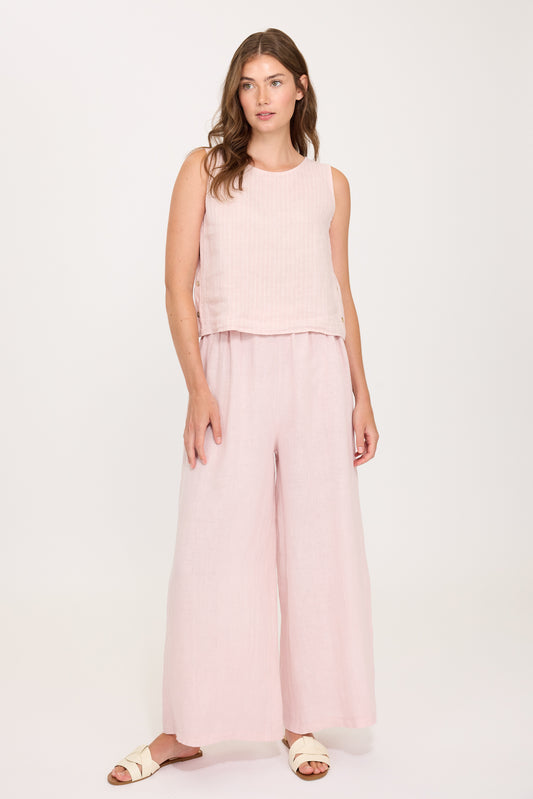 Pinstriped Sleeveless Linen Top with Button Sides by Pistache
