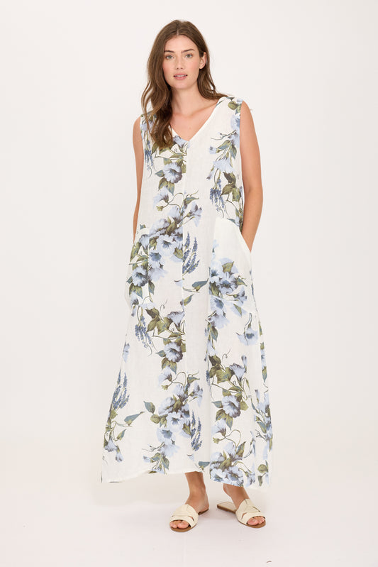 Maxi V-Neck Linen Dress in Floral Print by Pistache