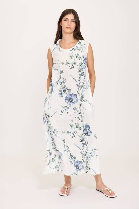 Maxi Cowl Neck Linen Dress in Blue Floral Print by Pistache